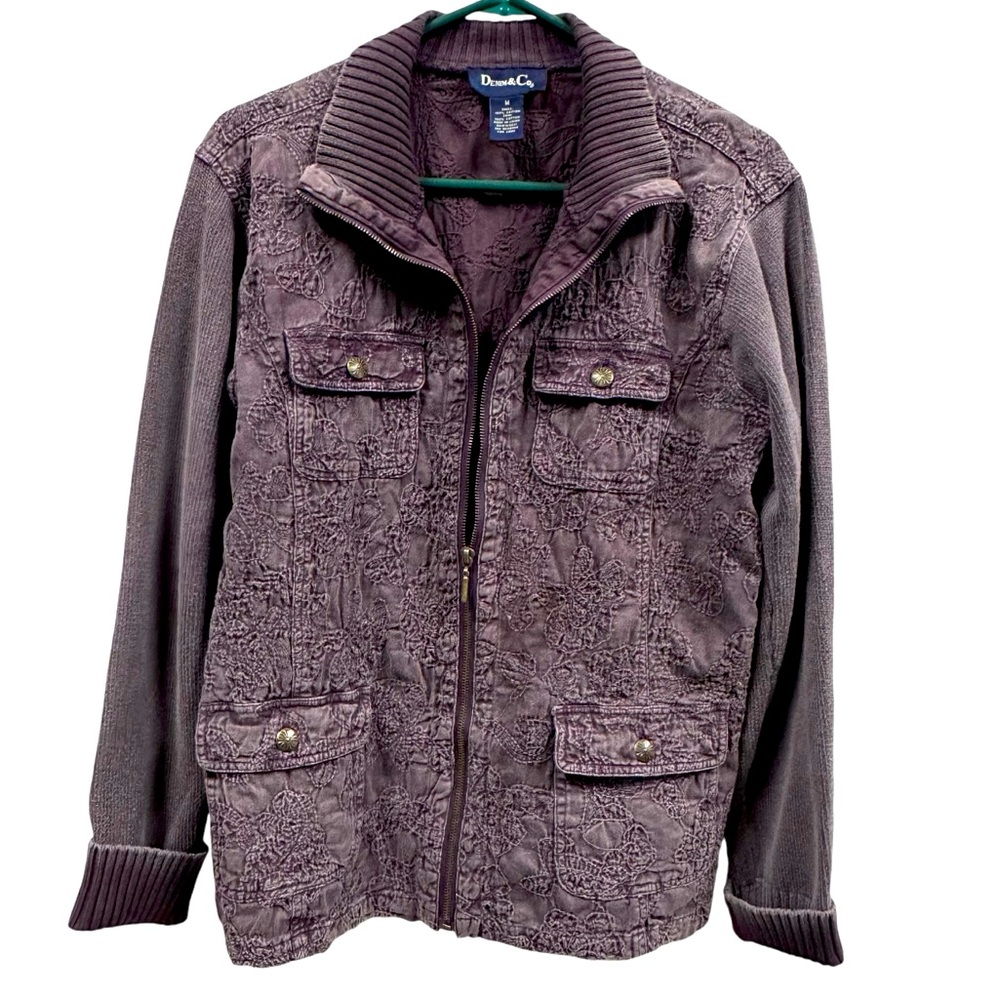 Denim & Co Dull Purple Cotton Zip Up Mock Neck Knit Sleeve Embroidered Coat M